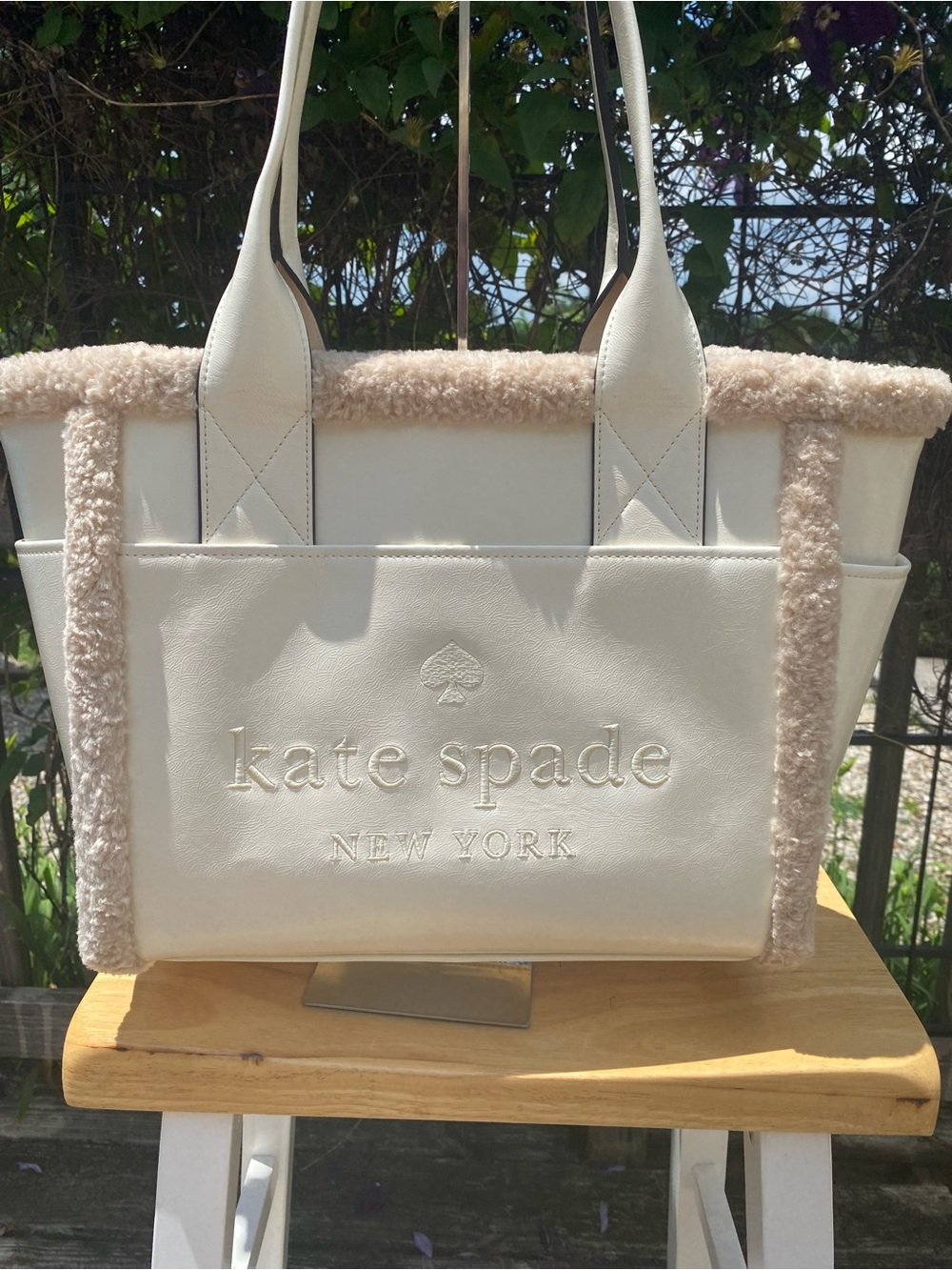 kate spade Cream Leather Tote with Shearling Trim